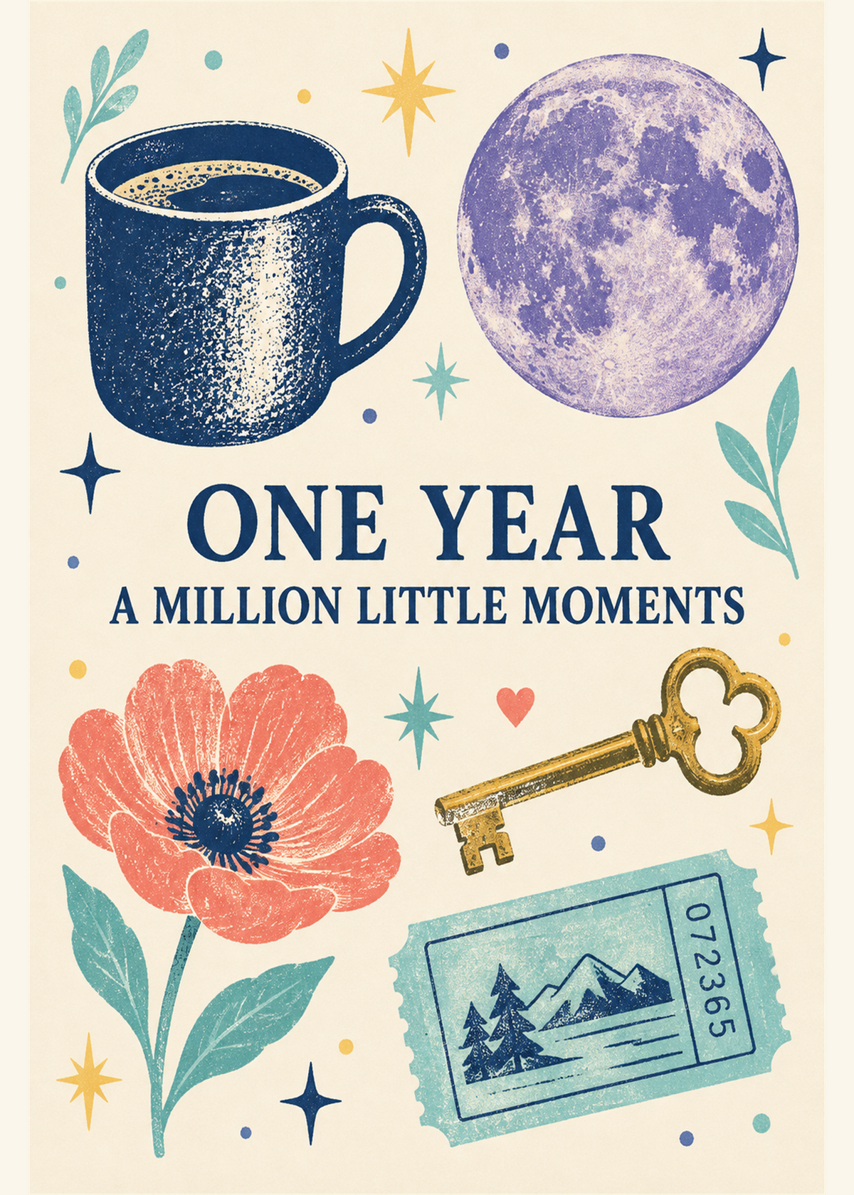 Heartfelt 1st anniversary card with coffee moon key and travel stamp