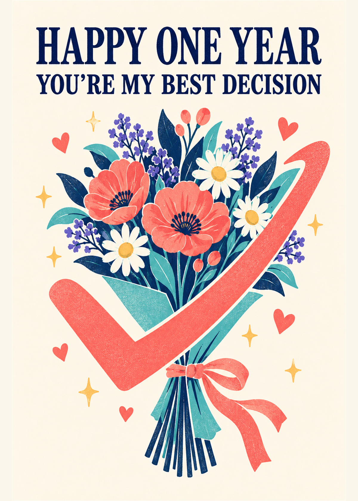 Floral 1st anniversary card reading happy one year you're my best decision