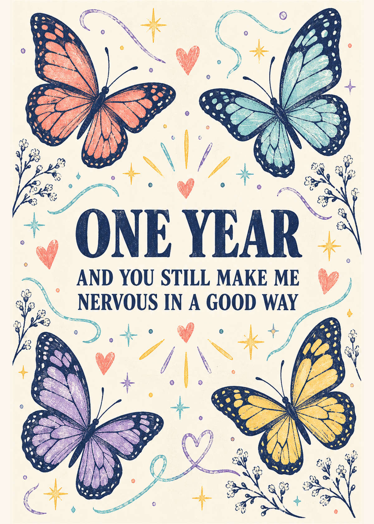 Butterfly 1st anniversary card reading you still make me nervous in a good way