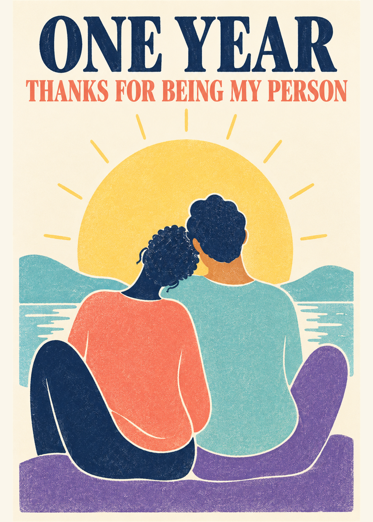 Inclusive 1st anniversary card with a couple by the water reading thanks for being my person