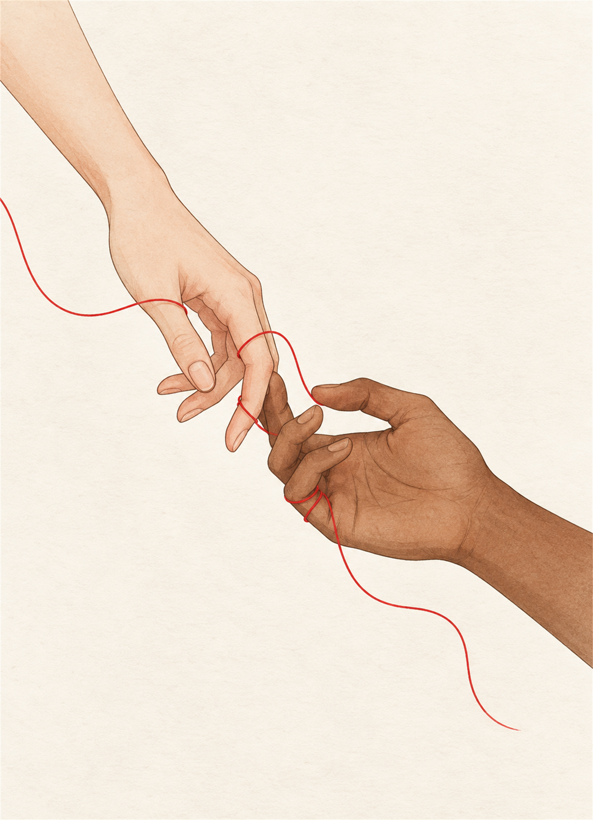 Two hands touching with a fine red thread connecting them