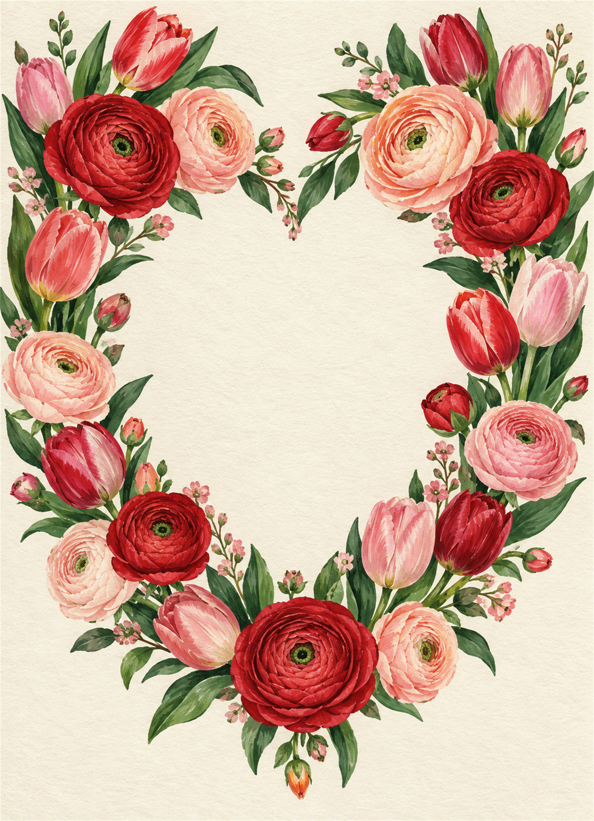 Heart-shaped wreath of red pink and cream flowers