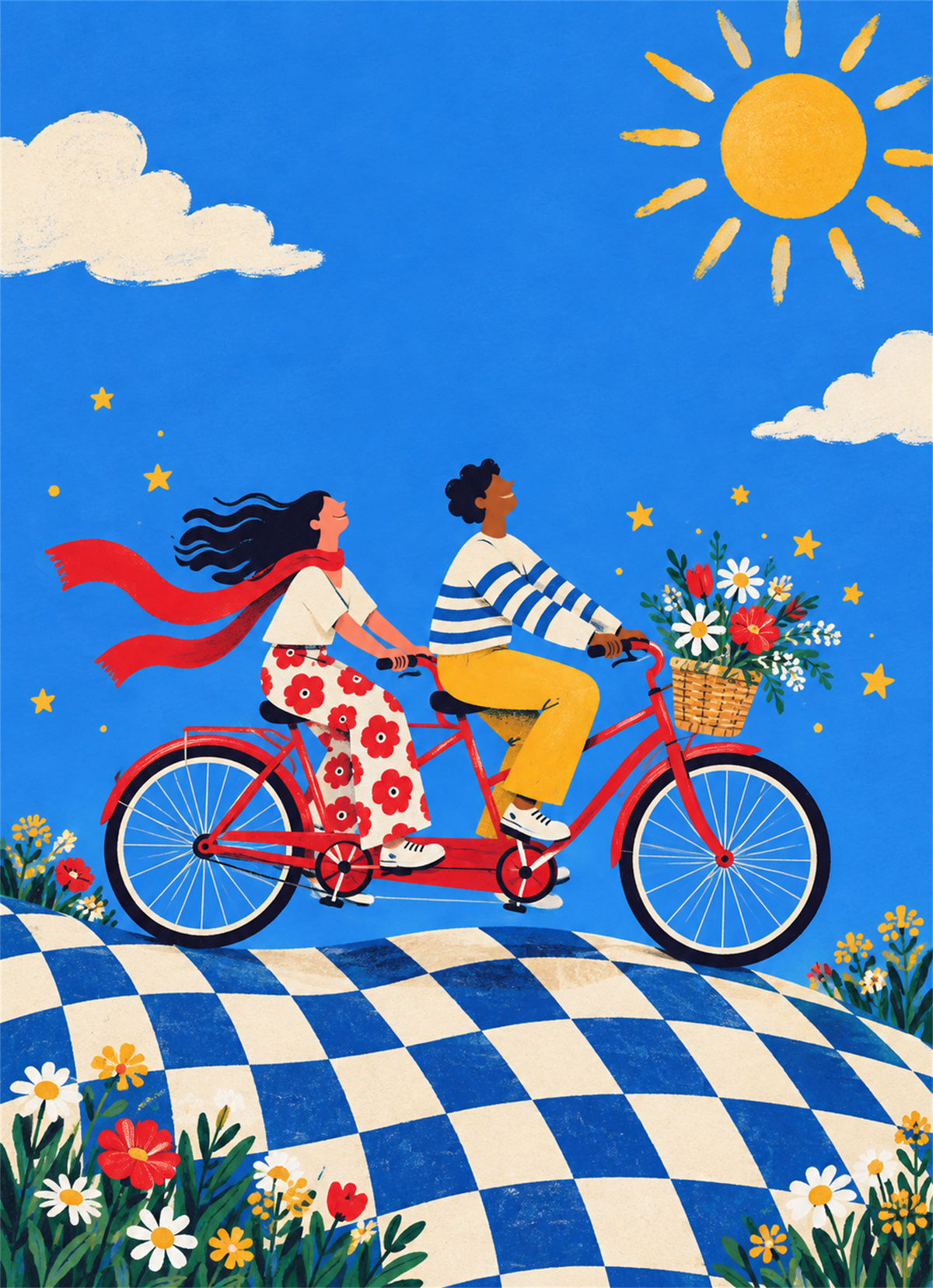 Two people riding a tandem bicycle past flowers under a bright sun
