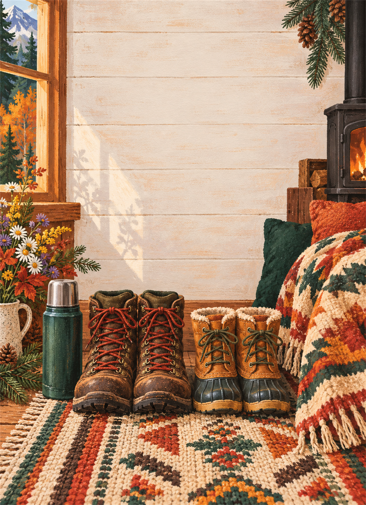 Two pairs of boots beside a cozy doorway and a wood stove