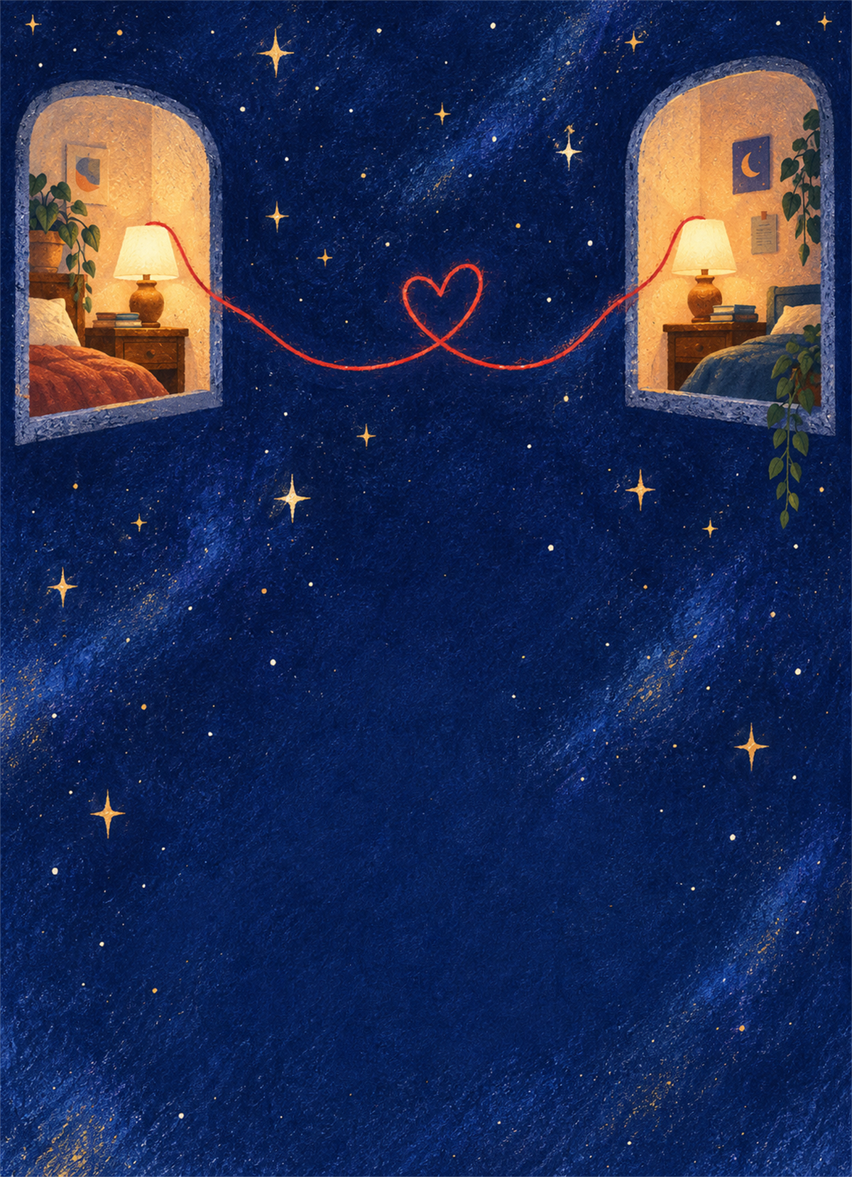 Two glowing windows connected by a red heart-shaped thread under stars