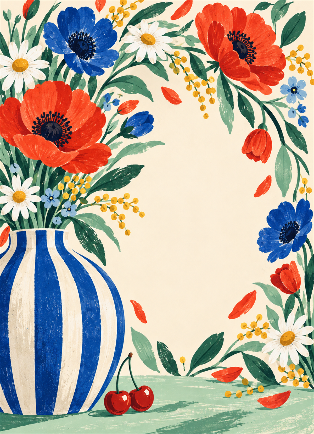 Red blue and white wildflowers spilling from a striped vase