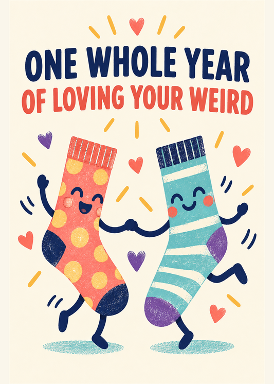 Funny 1st anniversary card with dancing mismatched socks