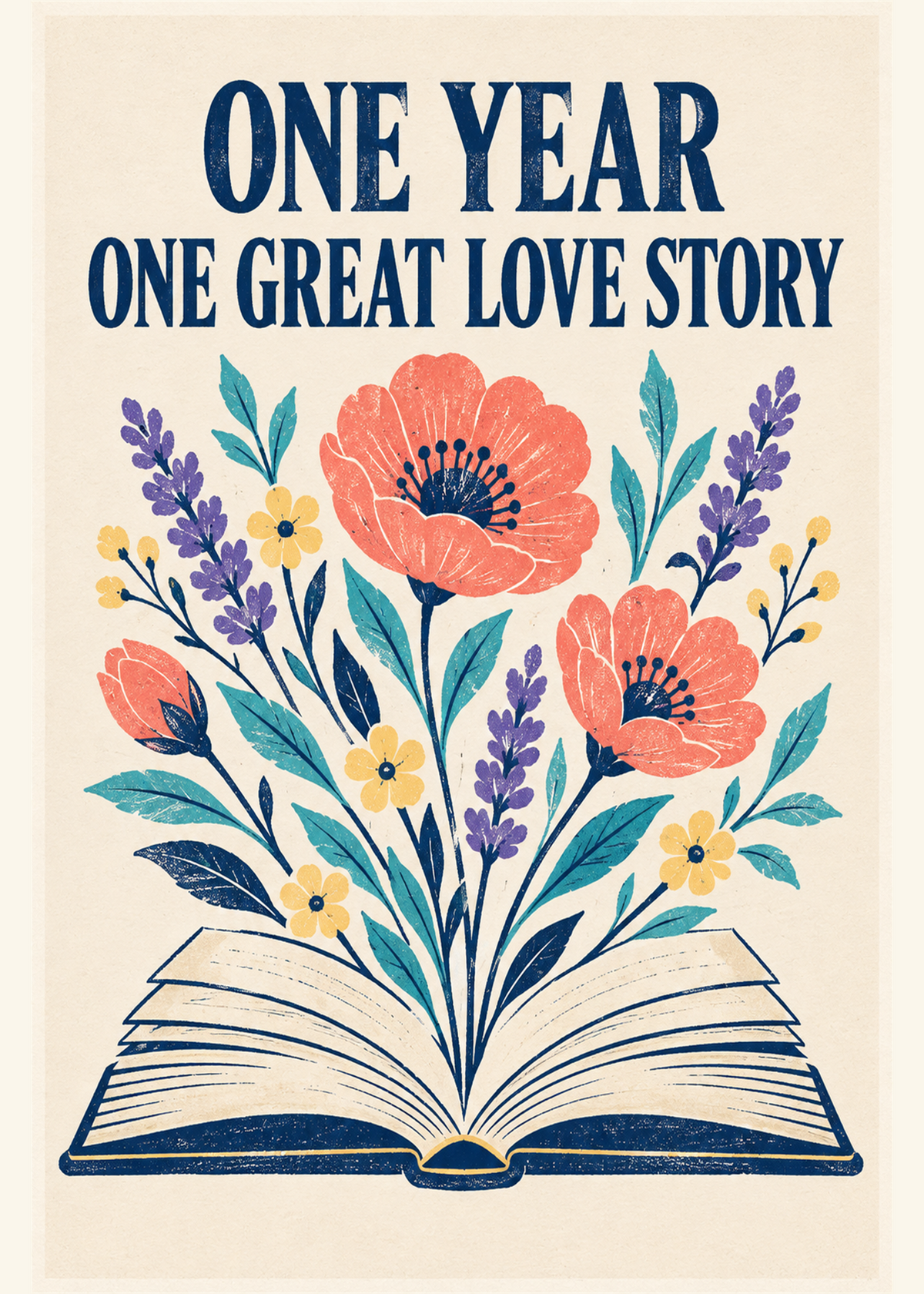 Floral 1st anniversary card with an open book reading one year one great love story