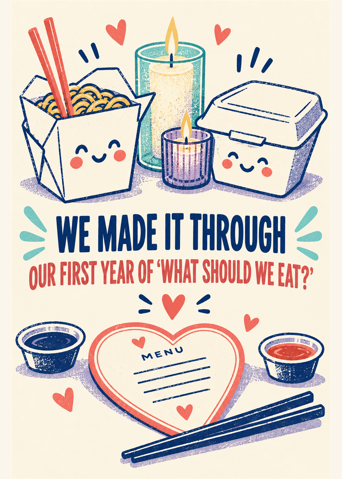 Funny 1st anniversary card with takeout containers and candlelight