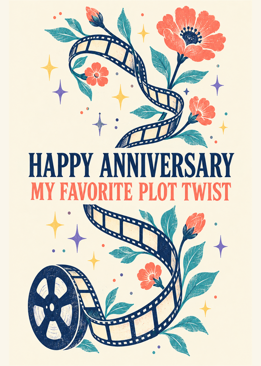 Illustrated 1st anniversary card with a film reel and flowers reading my favorite plot twist