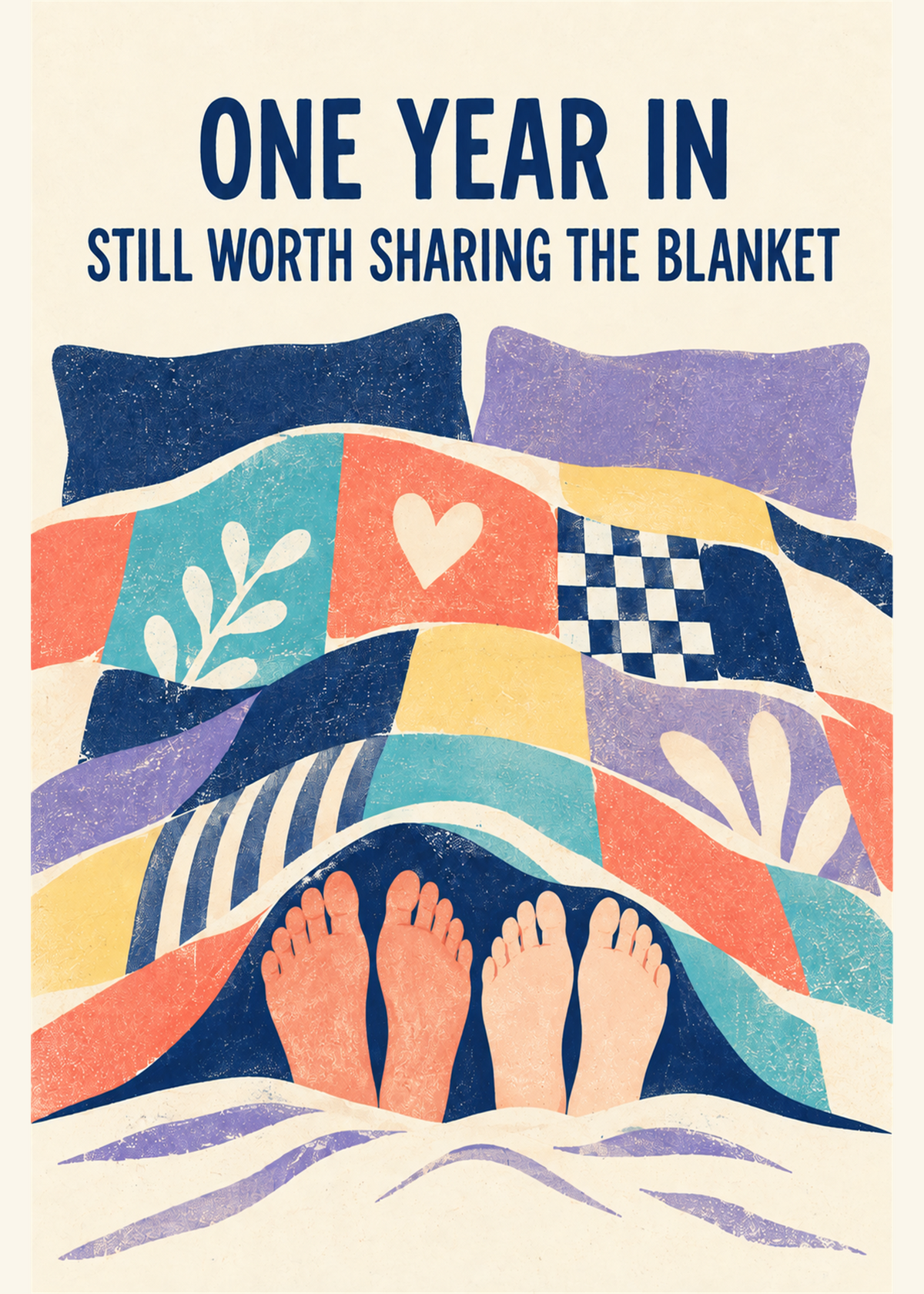 Cozy 1st anniversary card with feet under a colorful blanket