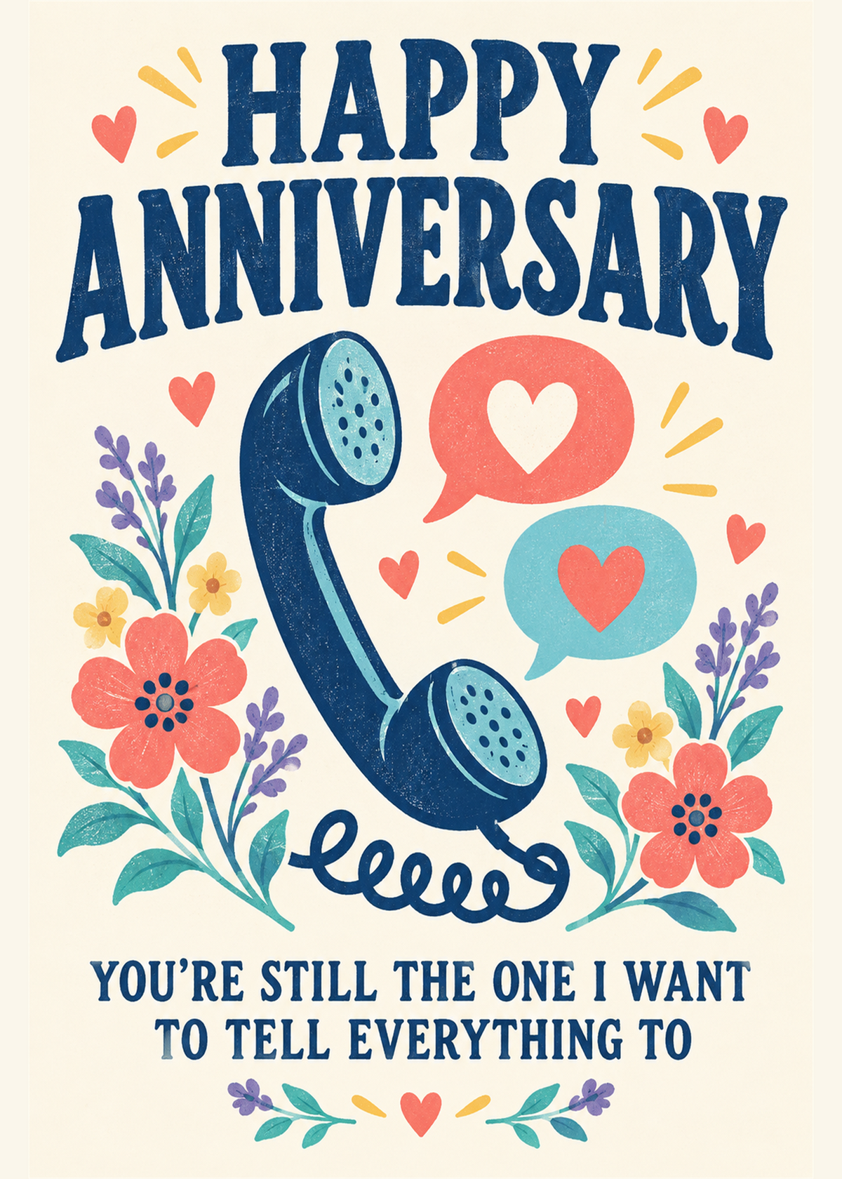 Vintage telephone 1st anniversary card reading you're still the one I want to tell everything to