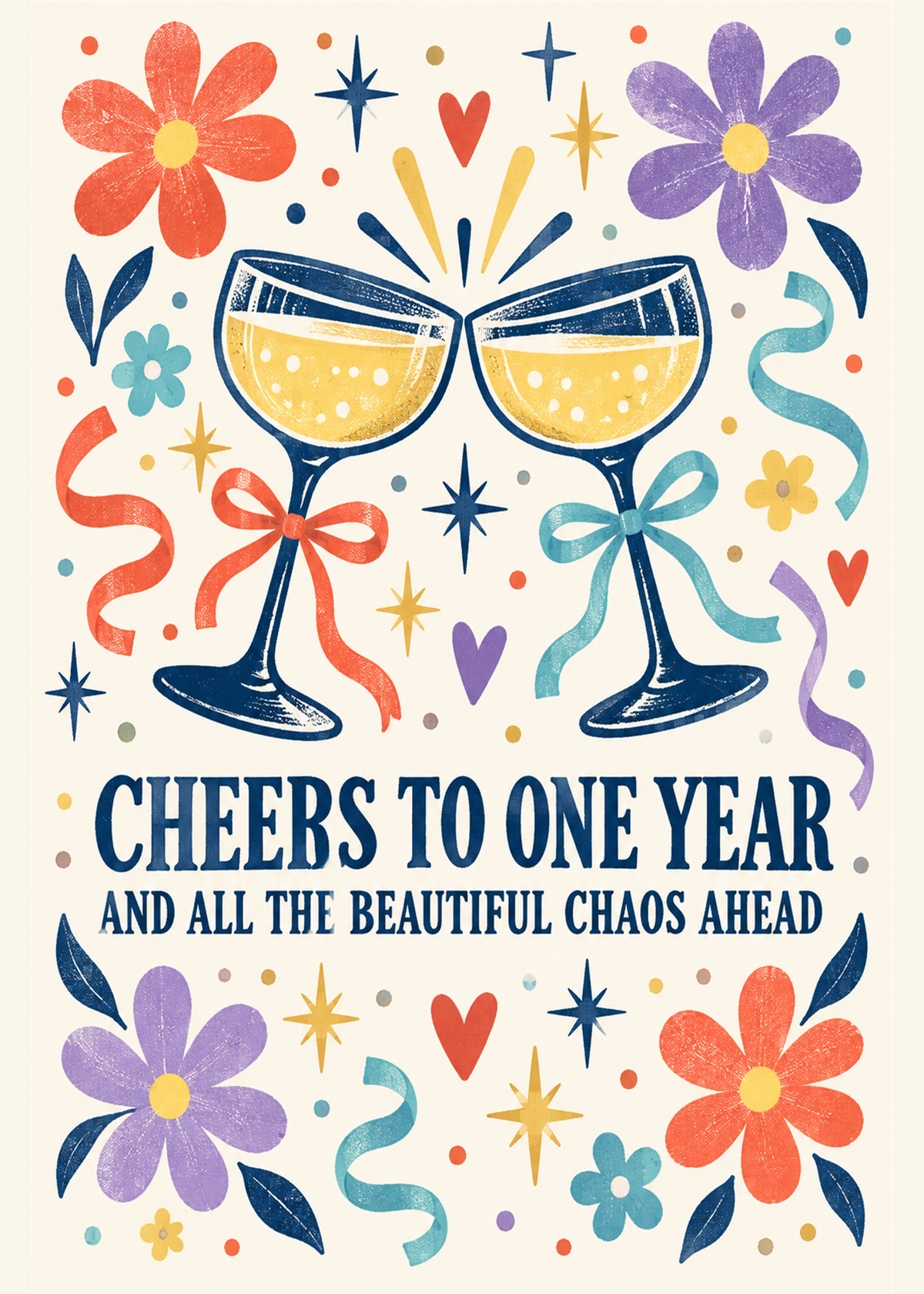 Celebratory 1st anniversary card with two glasses reading cheers to one year