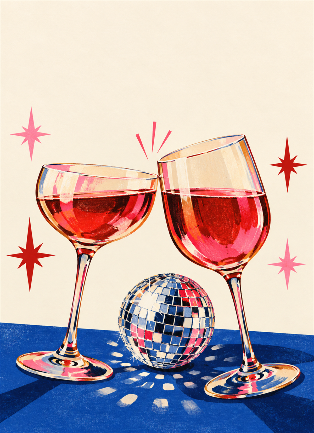 Two wine glasses clinking above a disco ball on a blue table