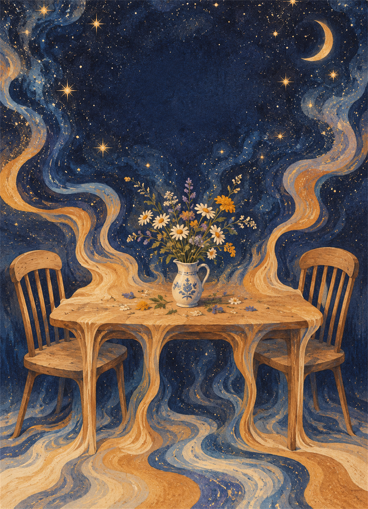 Small candlelit table and two chairs beneath a starry night sky
