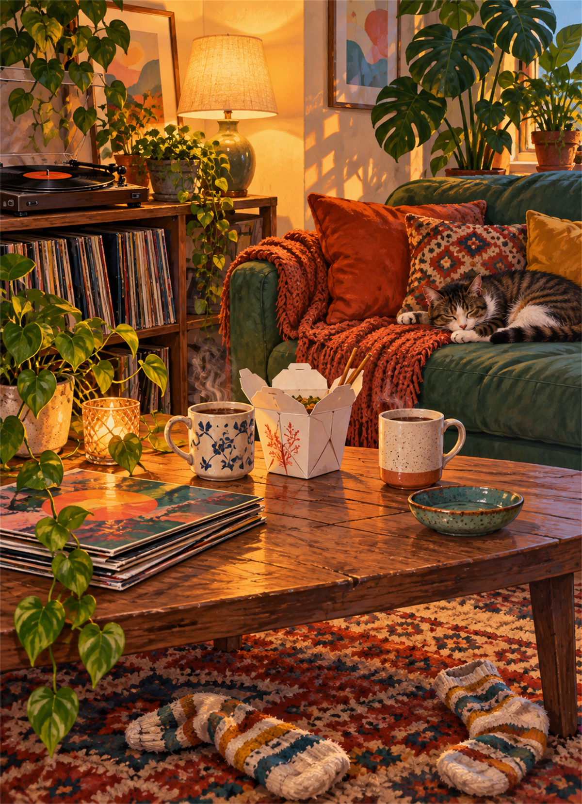 Cozy living room with mugs a sofa houseplants and a sleeping cat