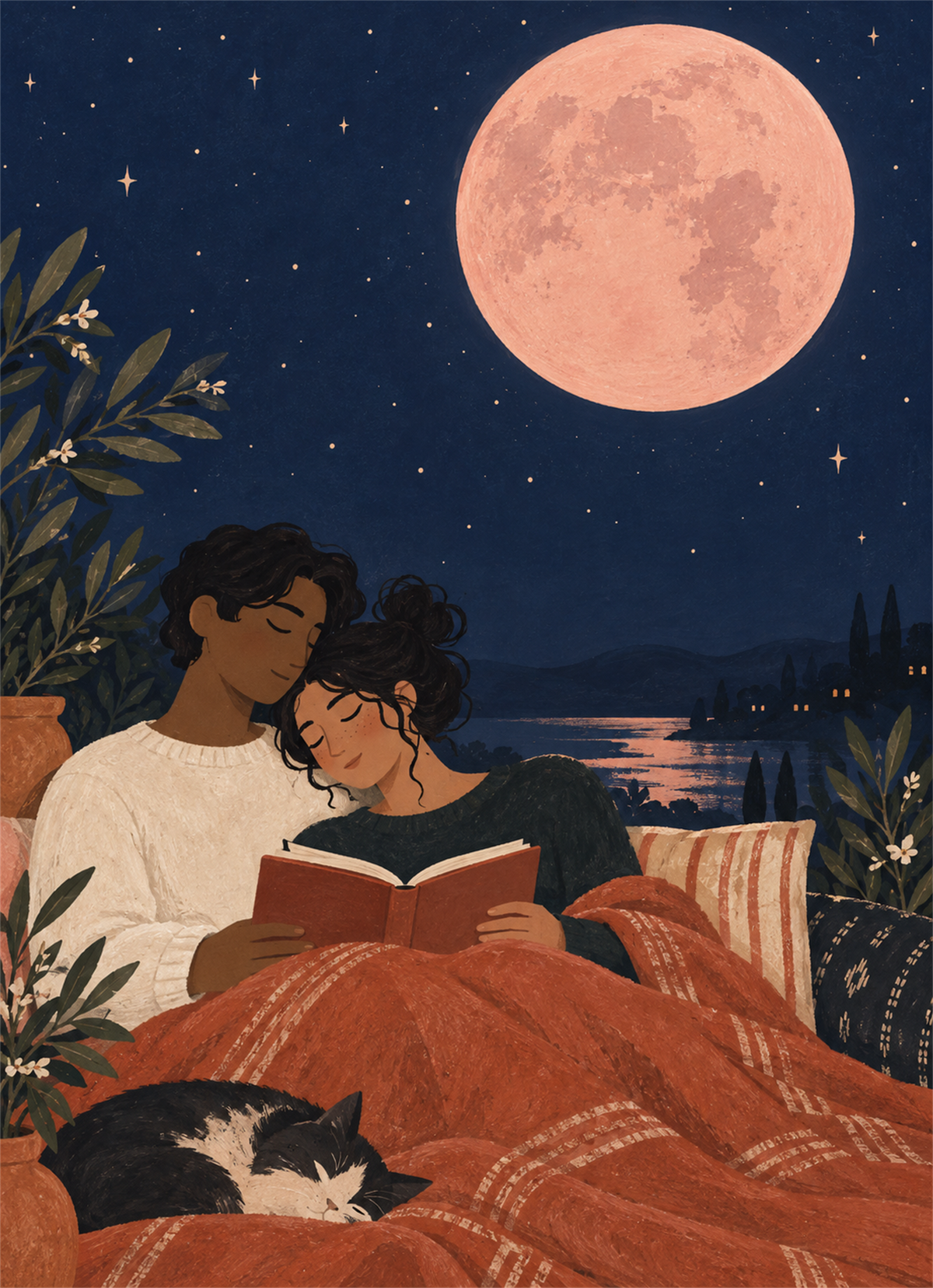 Couple reading together under a blanket by a large pink moon