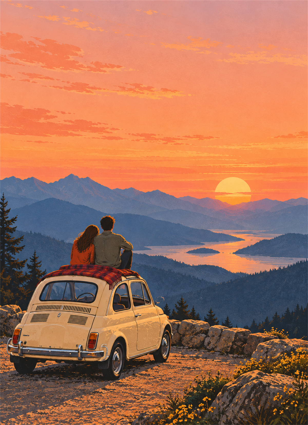 Couple sitting on a car overlooking a mountain sunset
