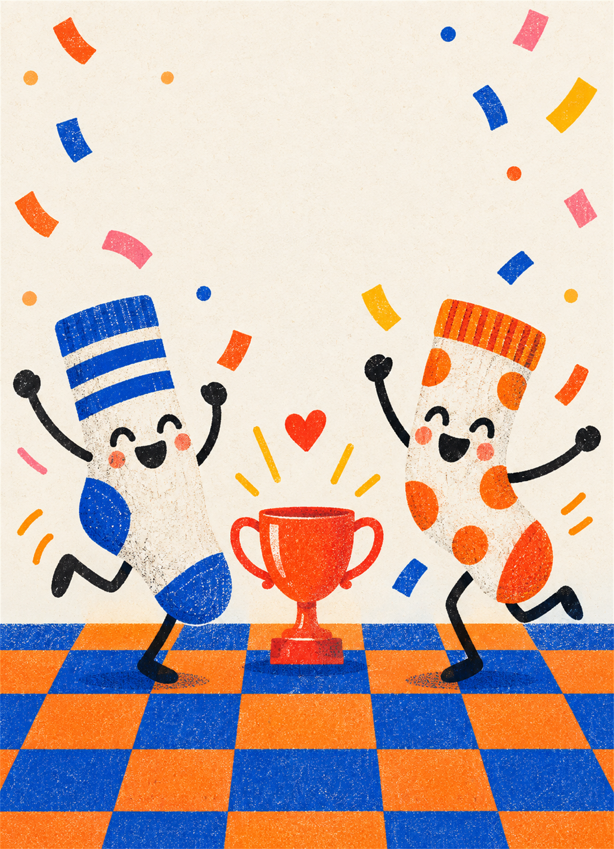 Two smiling socks dancing beside a trophy under confetti