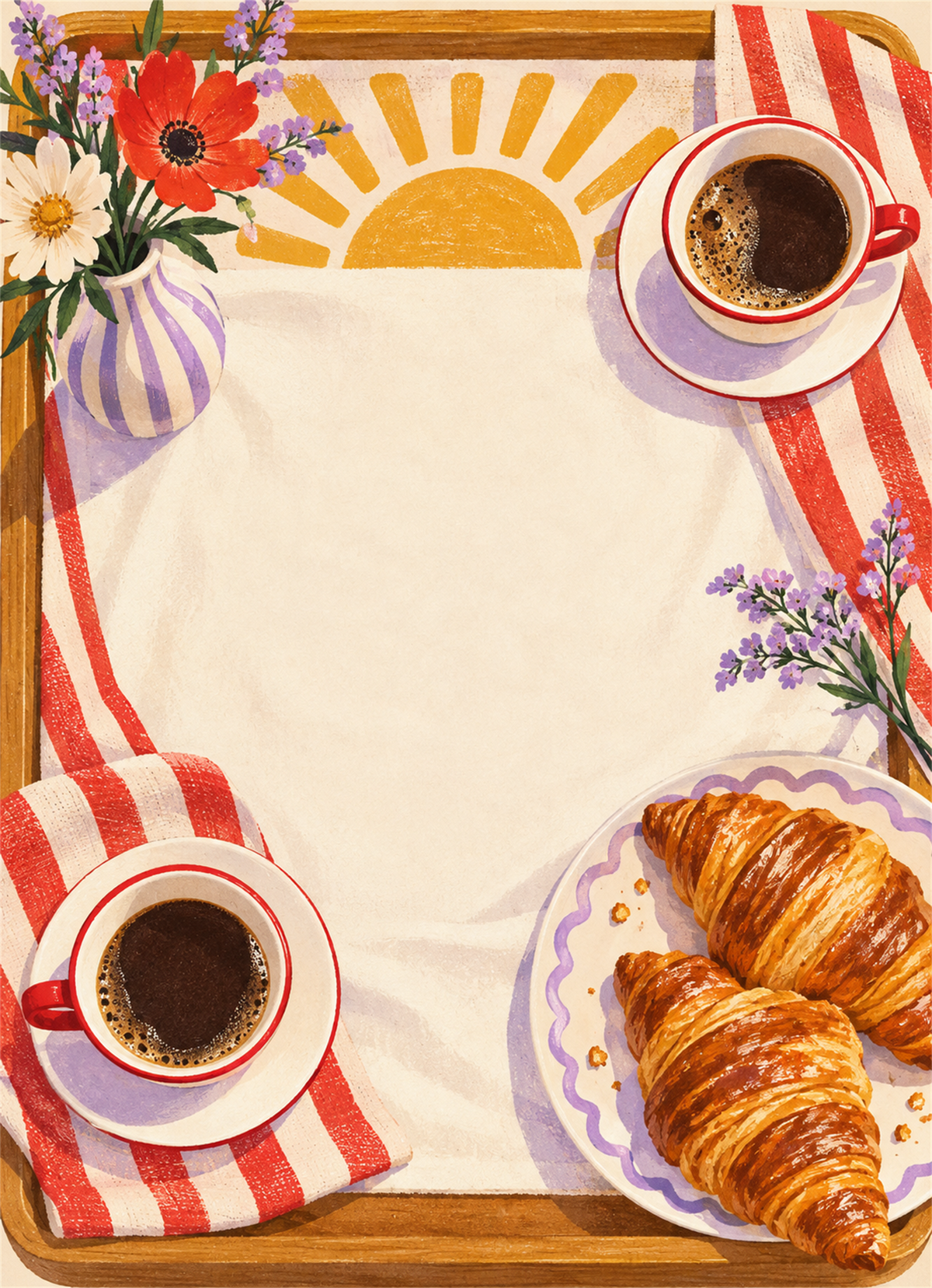 Breakfast tray with two coffees croissants flowers and an open cream center
