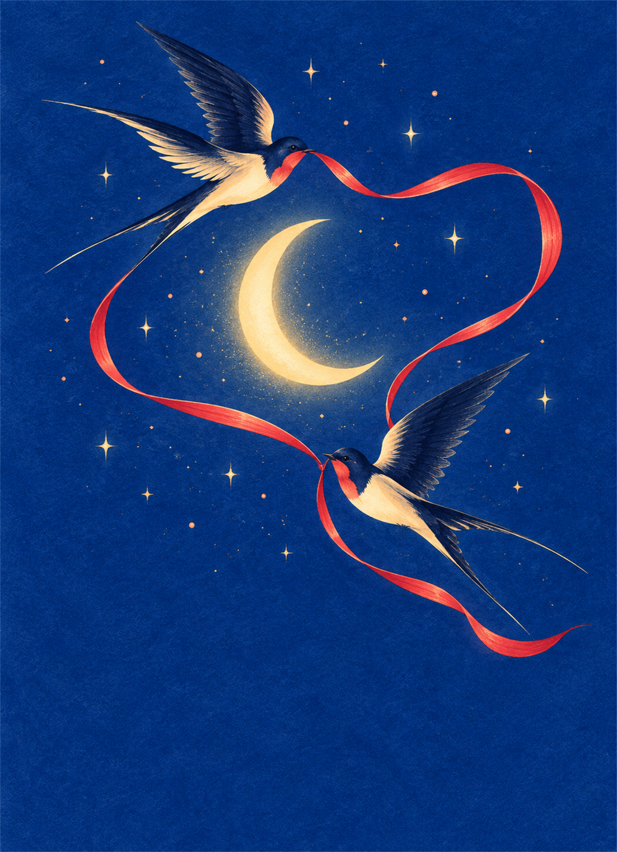 Two swallows and a red ribbon flying around a crescent moon