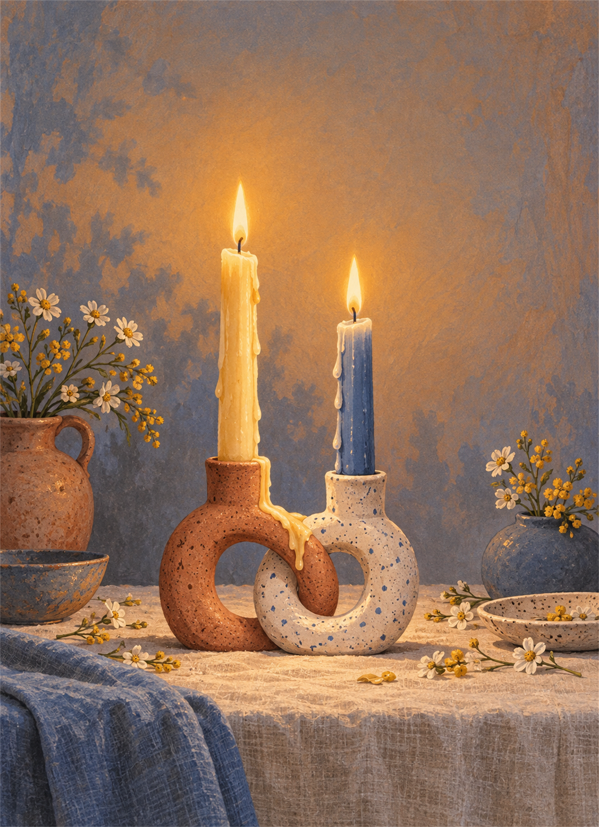 Two lit candles in ceramic holders on a softly painted table