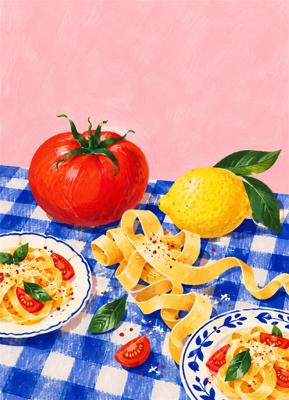 Illustrated pasta tomato and lemon on a blue gingham tablecloth