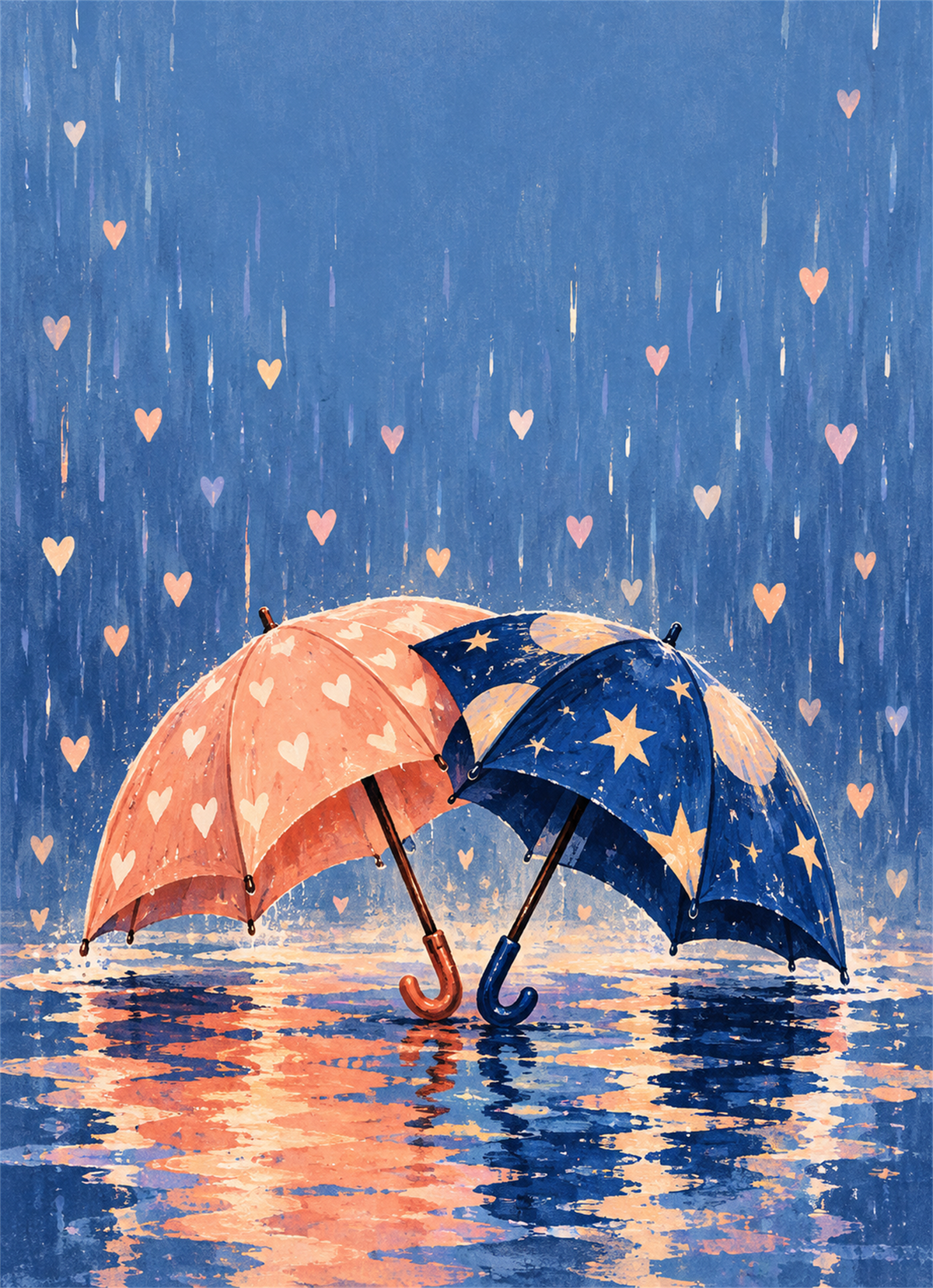 Pink and blue umbrellas touching in a rainy scene with small hearts