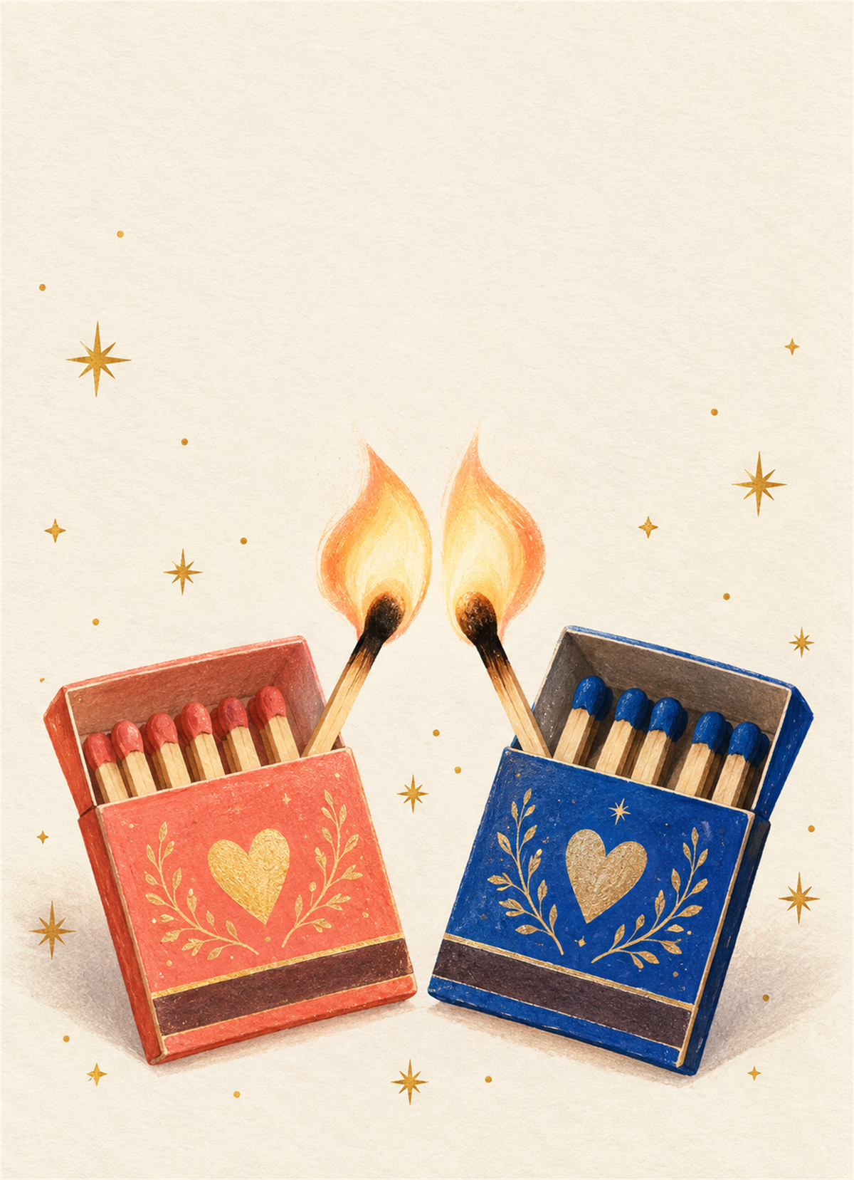 Two lit matches in illustrated pink and blue matchboxes