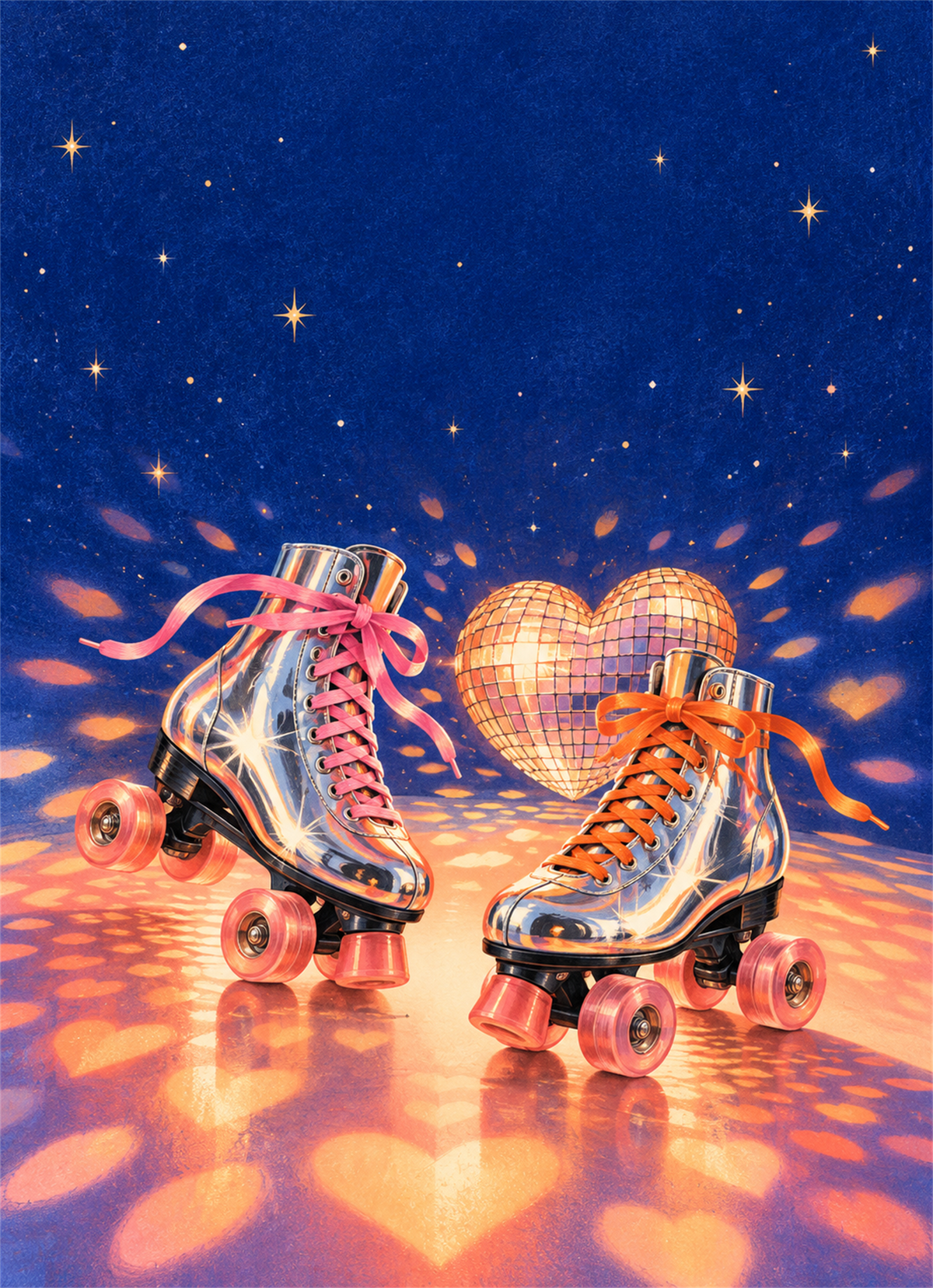 Two colorful roller skates beside a glowing heart on a dance floor