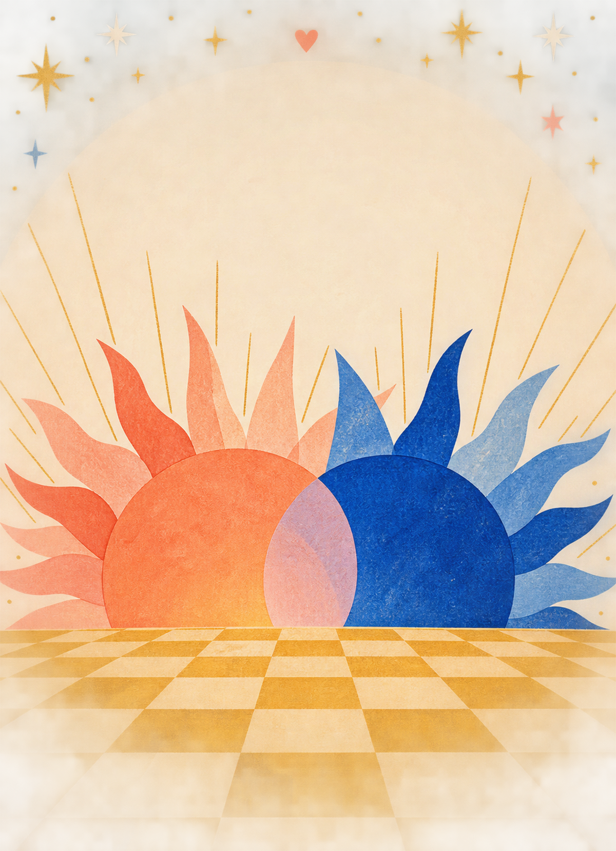 Two overlapping pink and blue suns above a geometric cream horizon