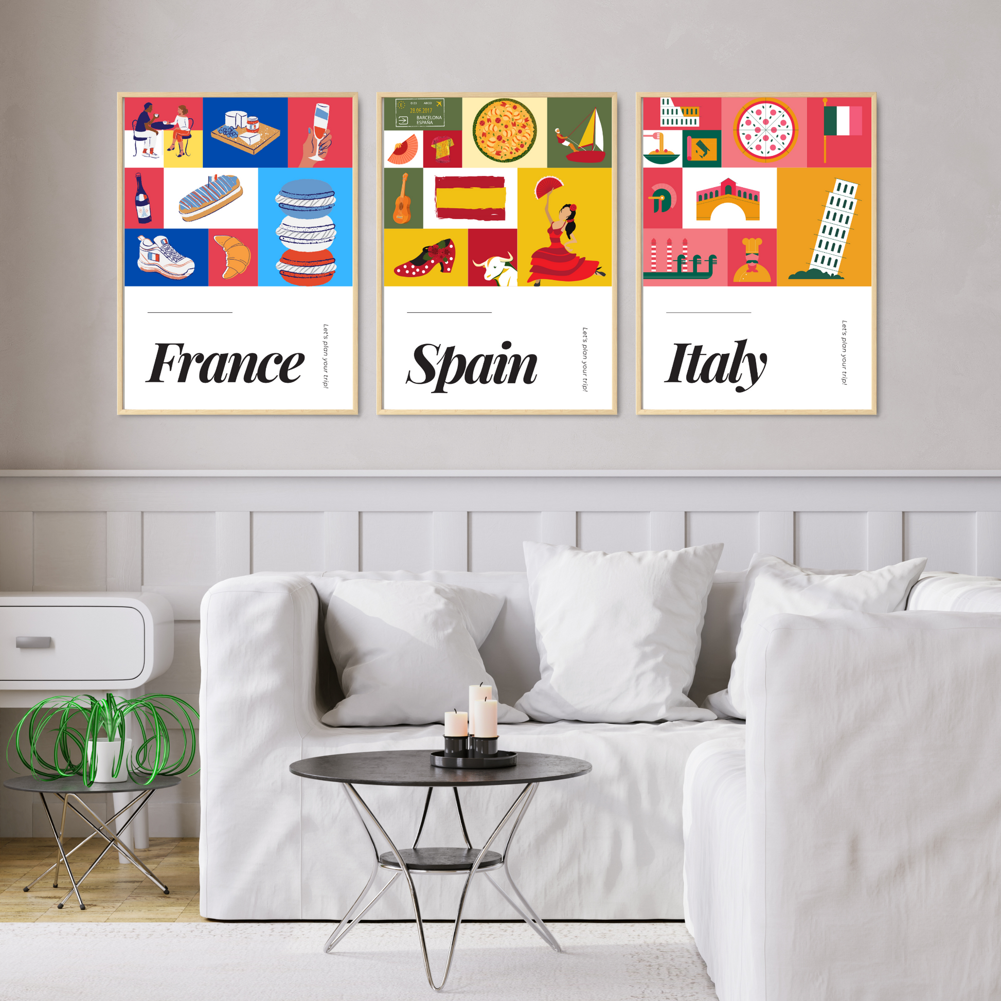 European Travel Posters - France - Spain - Italy - Poster Set.