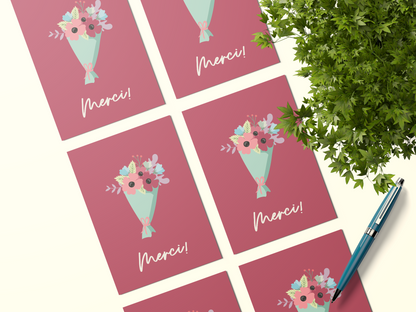 Merci + Flower Boquet Postcard Pack - Pack Of 5 Or 10 Postcards.