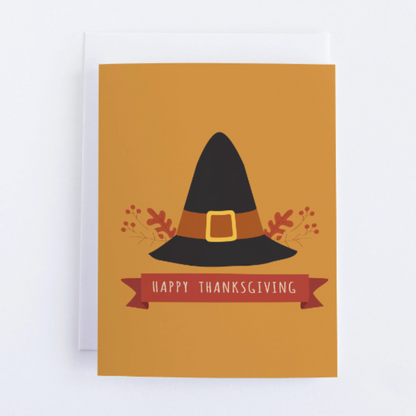 Happy Thanksgiving Pilgrim Hat Greeting Card.