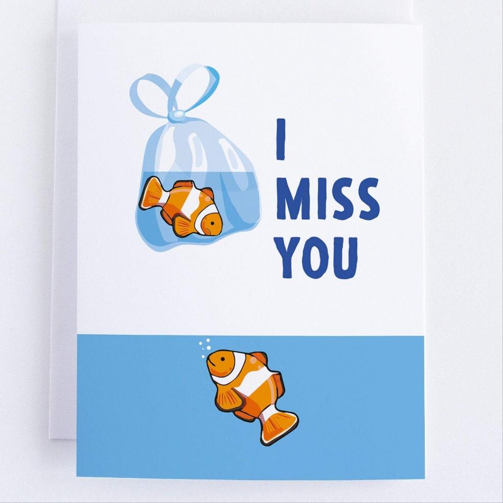 Miss You Card - Thinking Of You Greeting Card - Clown Fish Card.