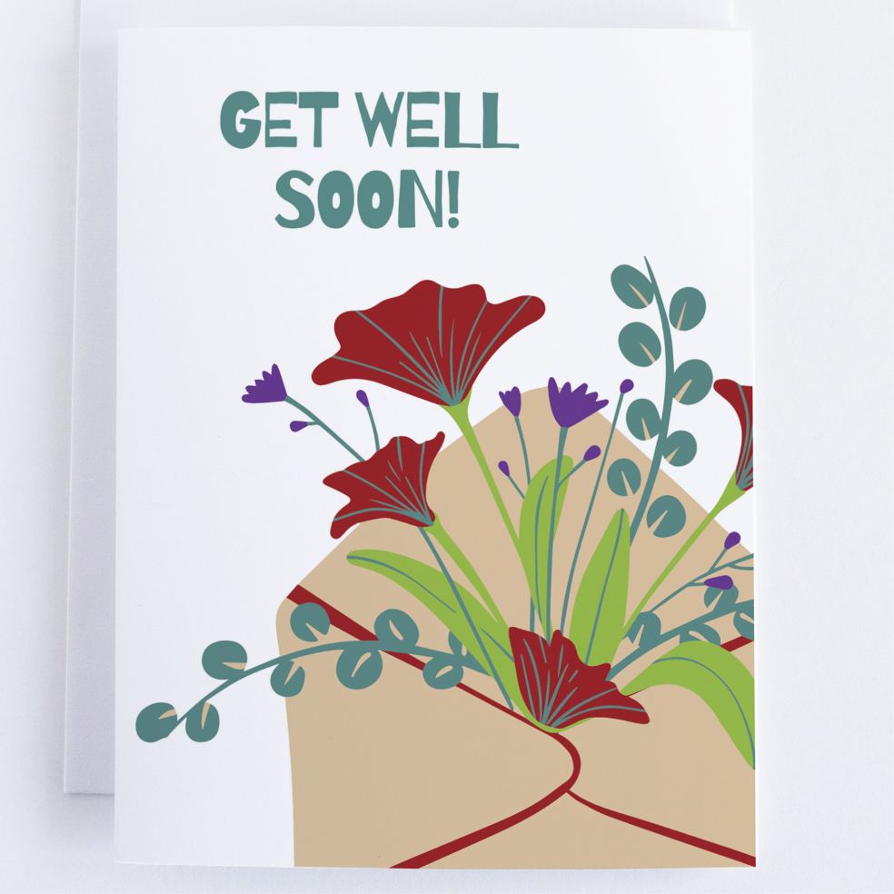 Get Well Greeting Card - Sprouting Flowers - Flower Bouquet Note Card.