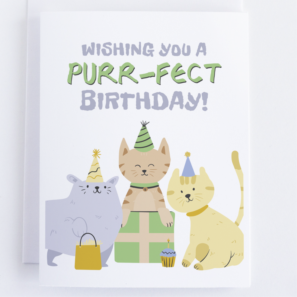 Purr-Fect Birthday Card, Birthday Greeting Card For Cat Lovers, Happy Birthday Greeting Card.